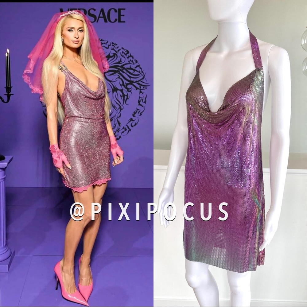 ZARA SPARKLY DUO CHROME METALLIC CHAIN MAIL HALTER MINI DRESS
